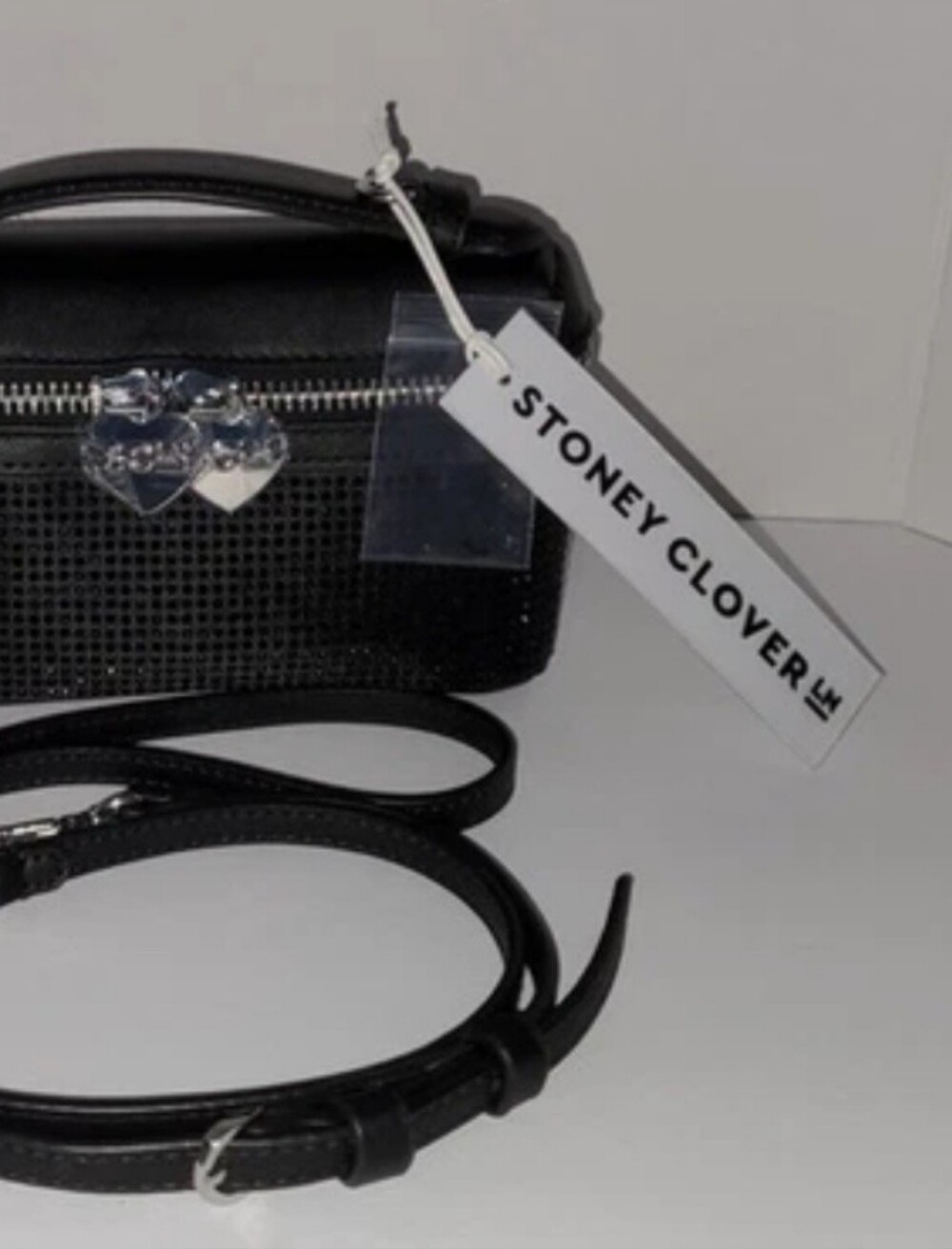 Stoney Clover Lane Black Leather Mini Camera Bag with Heart Zippers